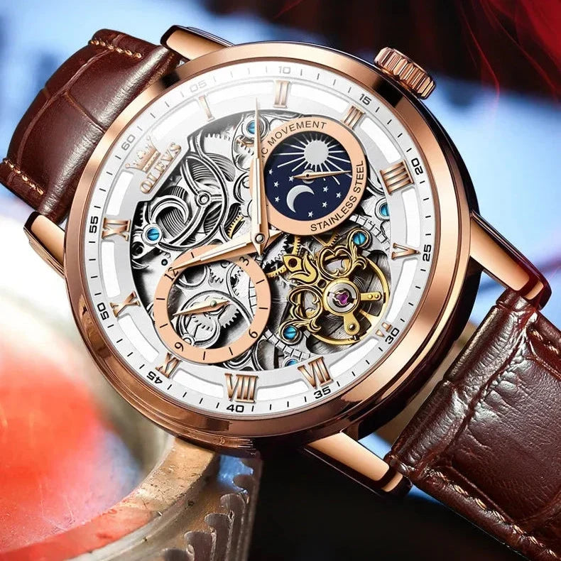 Men’s Mechanical Watch with Leather Strap, Round Dial, Moon Phase & Month Display – Fashion Wristwatch