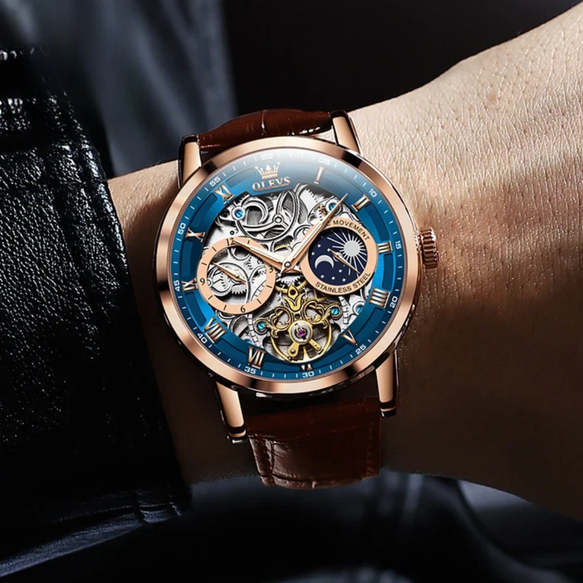 Men’s Mechanical Watch with Leather Strap, Round Dial, Moon Phase & Month Display – Fashion Wristwatch