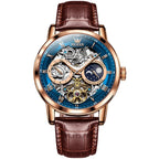 Men’s Mechanical Watch with Leather Strap, Round Dial, Moon Phase & Month Display – Fashion Wristwatch