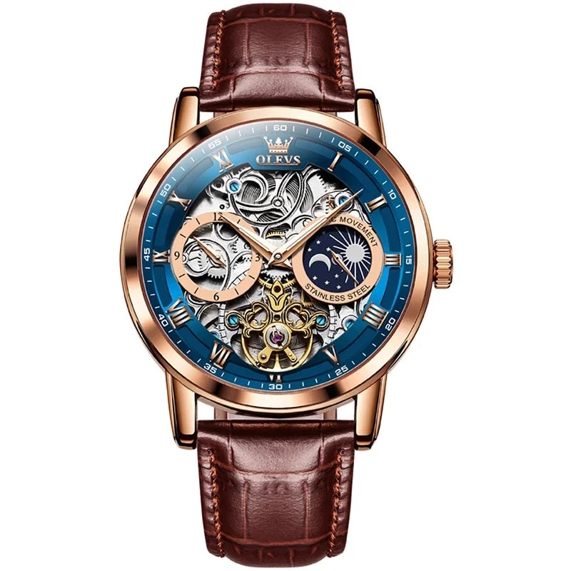 Men’s Mechanical Watch with Leather Strap, Round Dial, Moon Phase & Month Display – Fashion Wristwatch