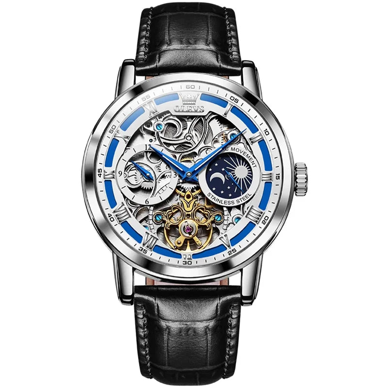 Men’s Mechanical Watch with Leather Strap, Round Dial, Moon Phase & Month Display – Fashion Wristwatch