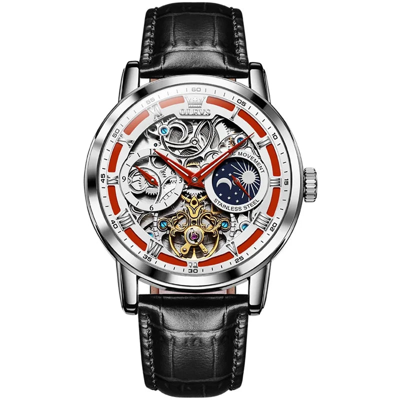 Men’s Mechanical Watch with Leather Strap, Round Dial, Moon Phase & Month Display – Fashion Wristwatch