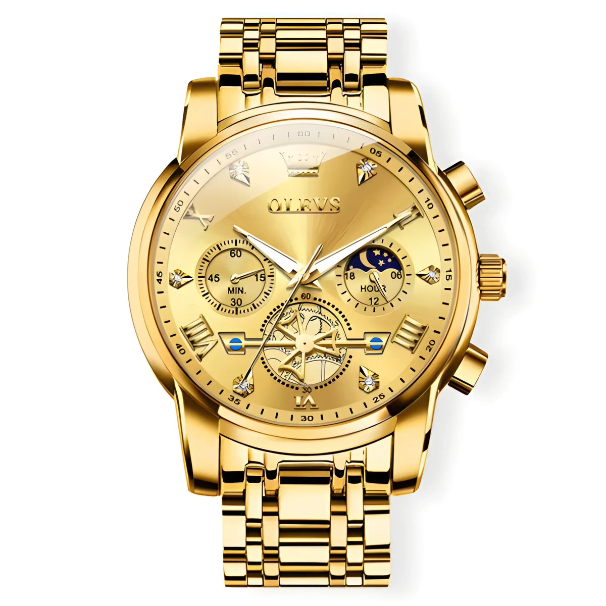 Men’s Luxury Quartz Watch – Classic Roman Dial, Flywheel & Moon Phase, Waterproof
