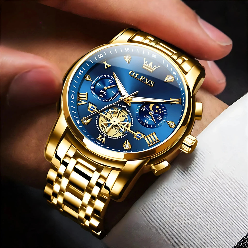 Men’s Luxury Quartz Watch – Classic Roman Dial, Flywheel & Moon Phase, Waterproof