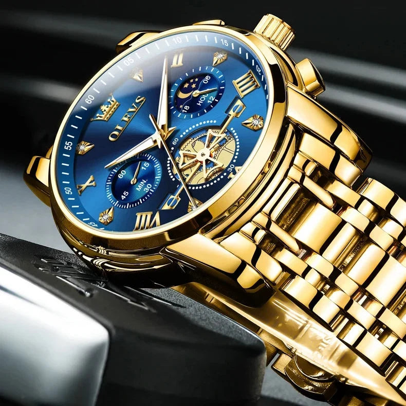 Men’s Luxury Quartz Watch – Classic Roman Dial, Flywheel & Moon Phase, Waterproof
