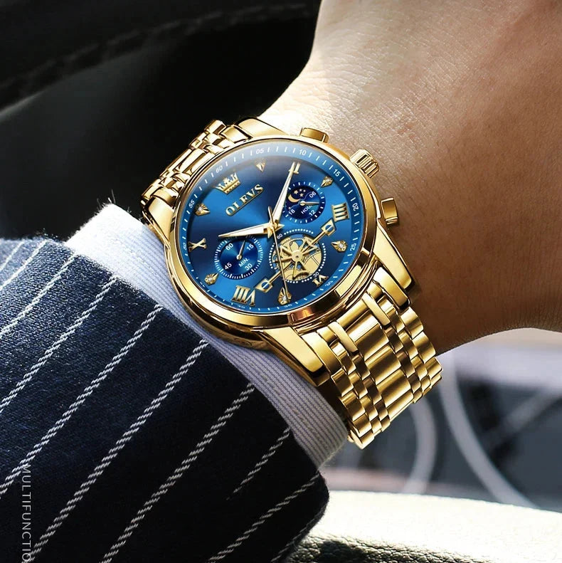 Men’s Luxury Quartz Watch – Classic Roman Dial, Flywheel & Moon Phase, Waterproof
