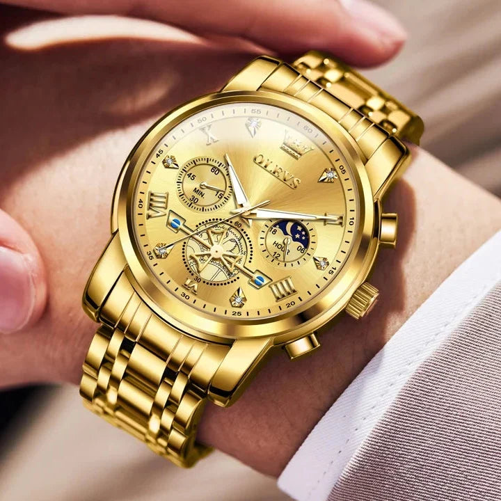 Men’s Luxury Quartz Watch – Classic Roman Dial, Flywheel & Moon Phase, Waterproof