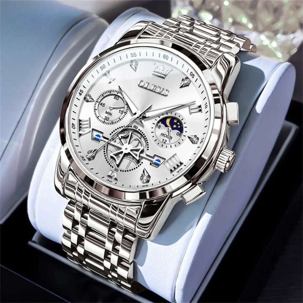 Men’s Luxury Quartz Watch – Classic Roman Dial, Flywheel & Moon Phase, Waterproof