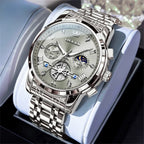 Men’s Luxury Quartz Watch – Classic Roman Dial, Flywheel & Moon Phase, Waterproof