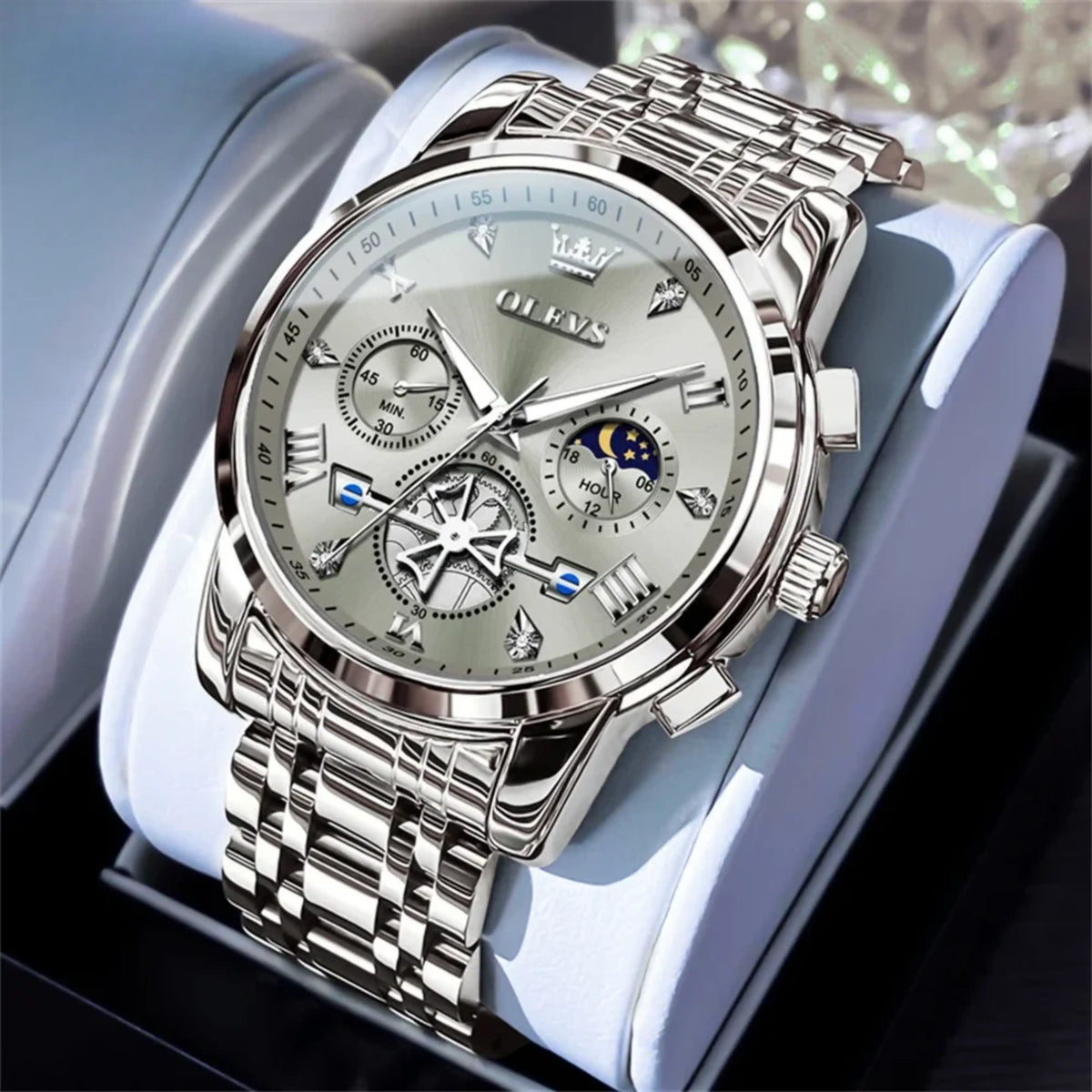 Men’s Luxury Quartz Watch – Classic Roman Dial, Flywheel & Moon Phase, Waterproof