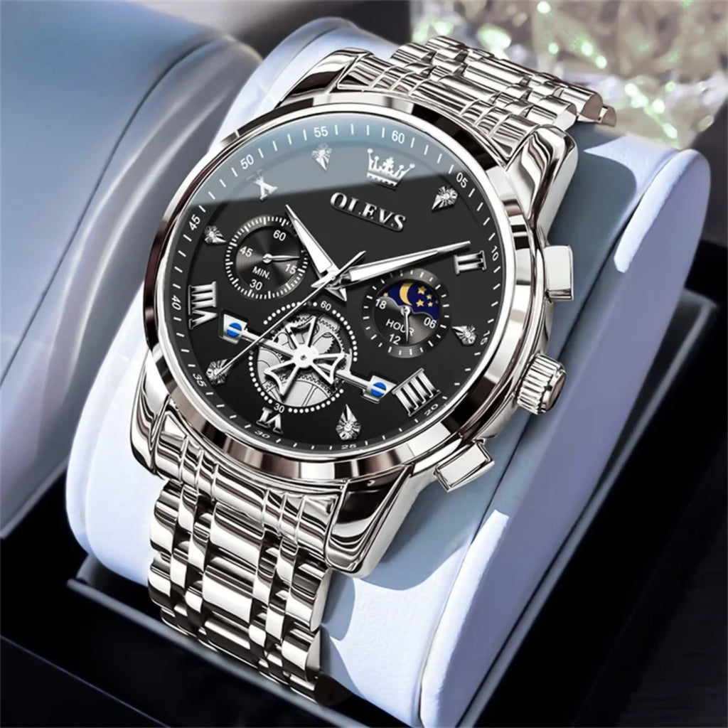 Men’s Luxury Quartz Watch – Classic Roman Dial, Flywheel & Moon Phase, Waterproof