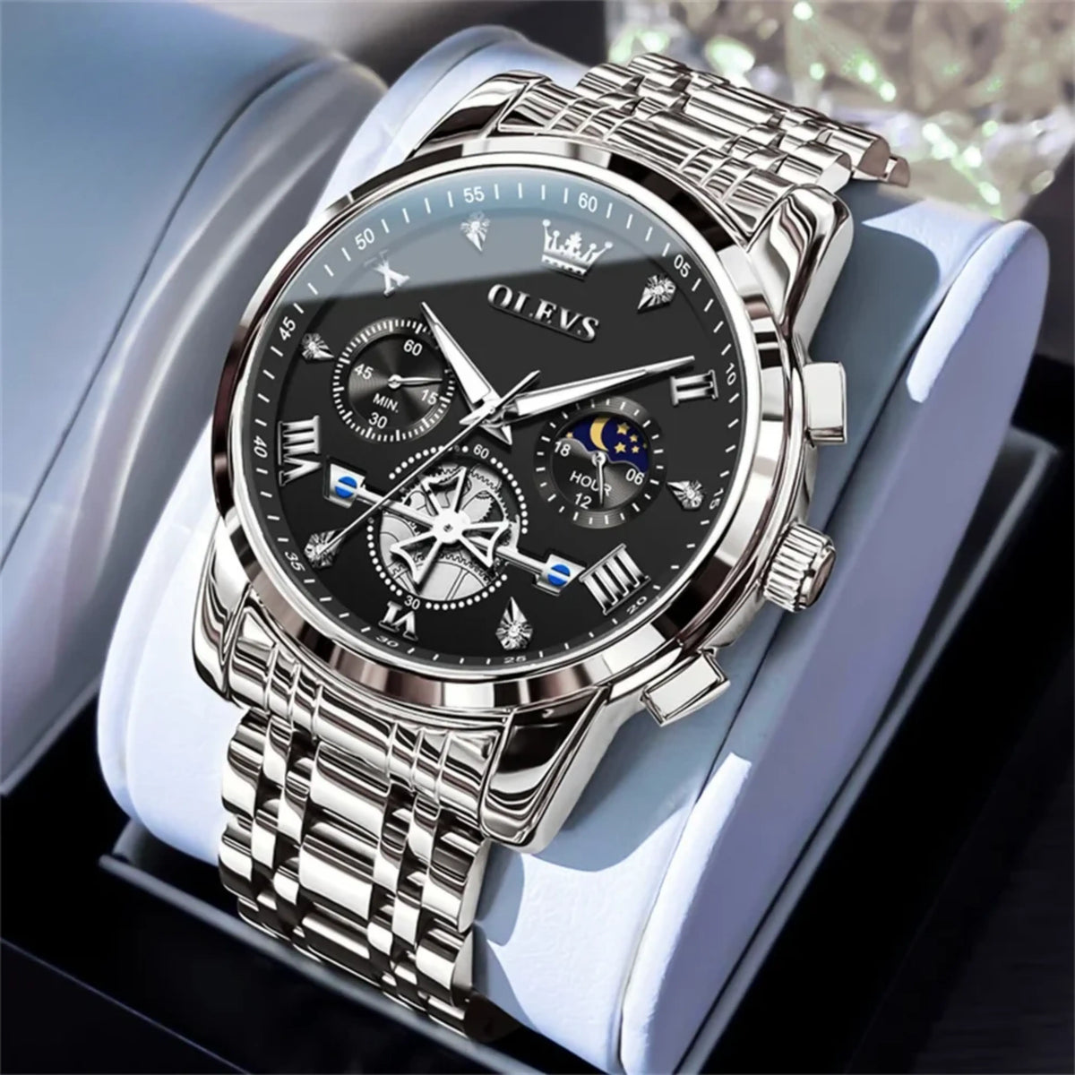 Men’s Luxury Quartz Watch – Classic Roman Dial, Flywheel & Moon Phase, Waterproof
