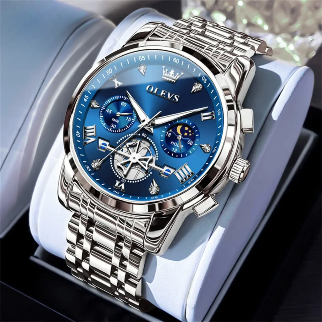 Men’s Luxury Quartz Watch – Classic Roman Dial, Flywheel & Moon Phase, Waterproof