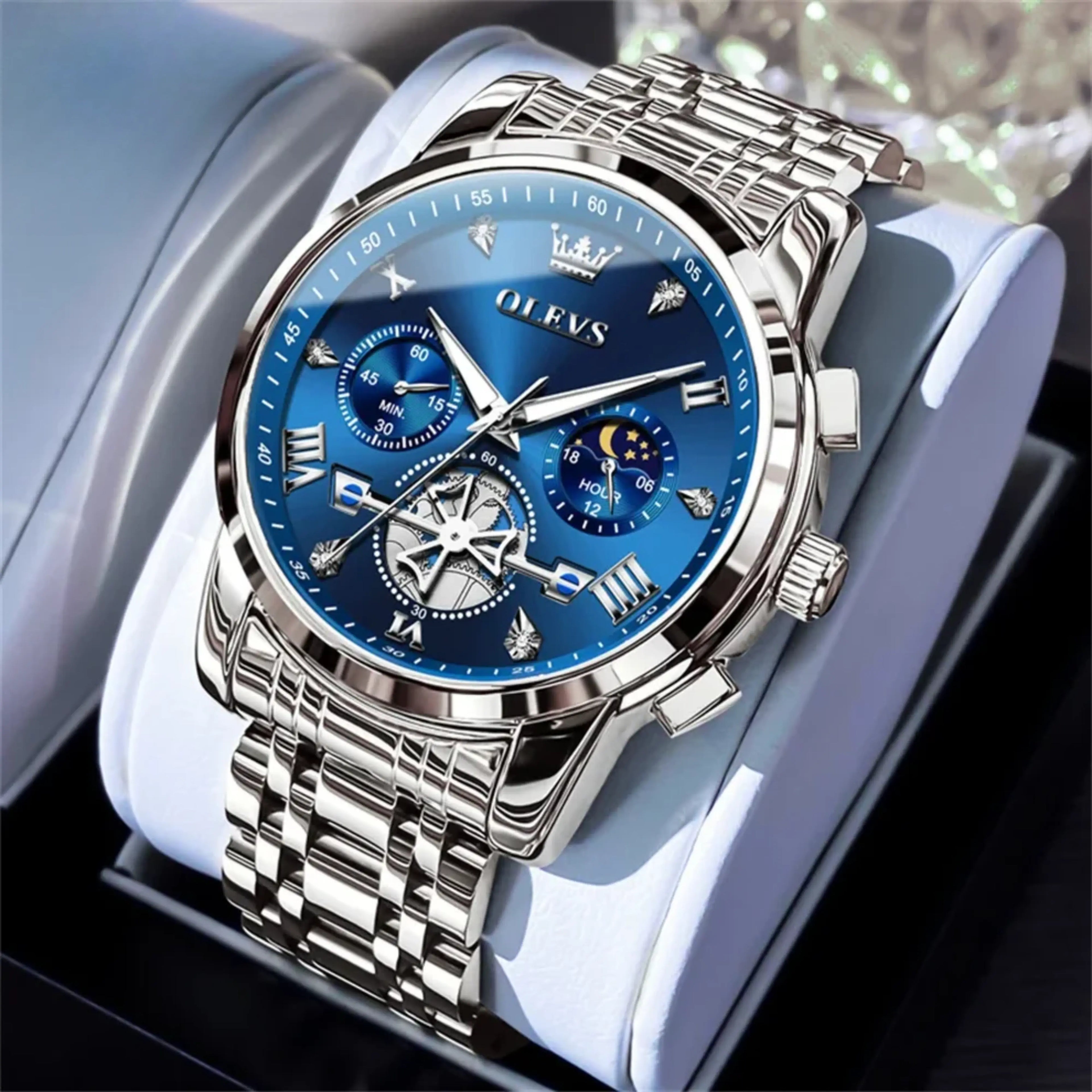 Men’s Luxury Quartz Watch – Classic Roman Dial, Flywheel & Moon Phase, Waterproof