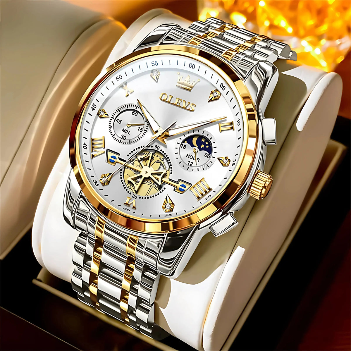 Men’s Luxury Quartz Watch – Classic Roman Dial, Flywheel & Moon Phase, Waterproof