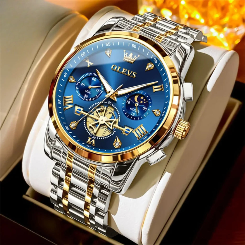Men’s Luxury Quartz Watch – Classic Roman Dial, Flywheel & Moon Phase, Waterproof