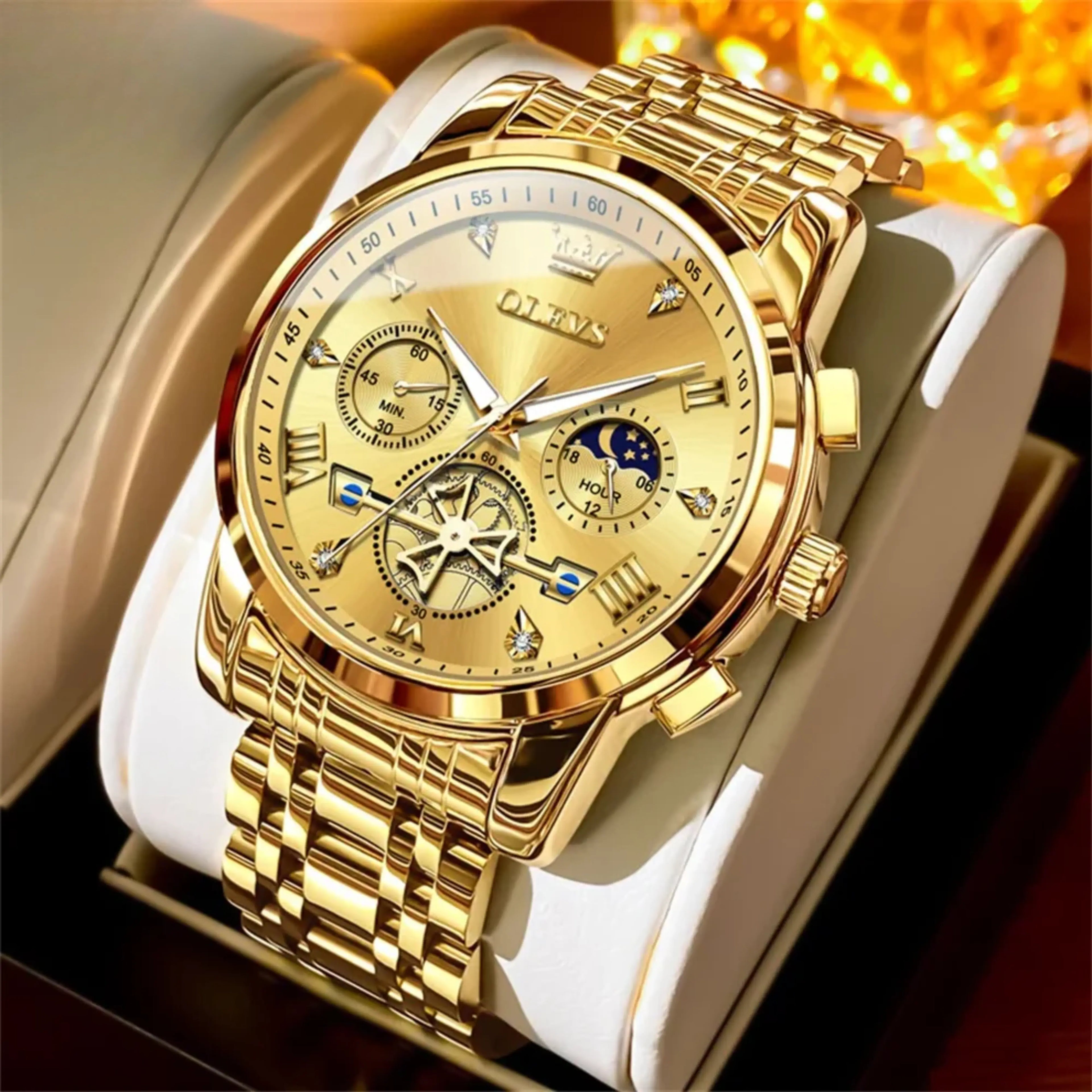 Men’s Luxury Quartz Watch – Classic Roman Dial, Flywheel & Moon Phase, Waterproof