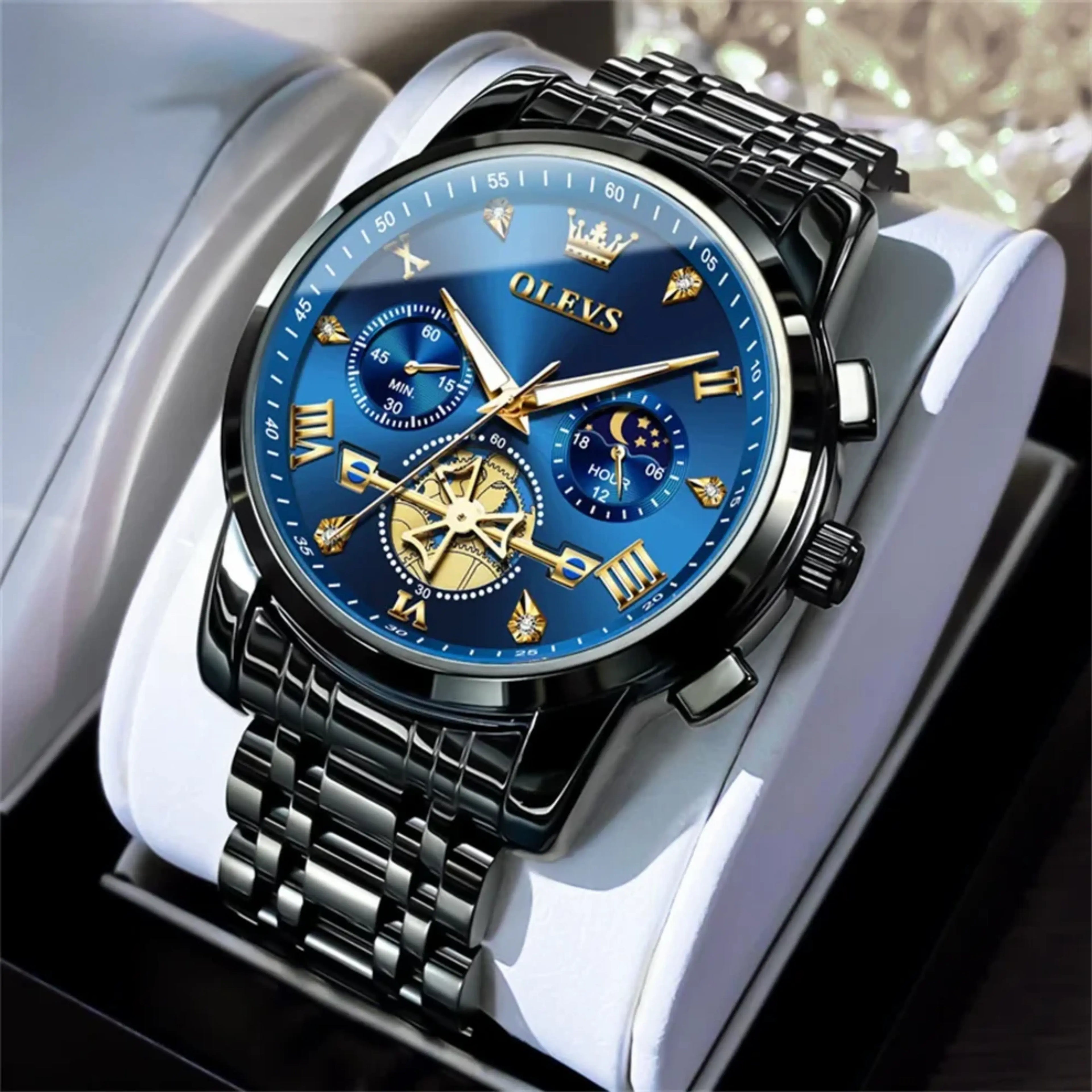 Men’s Luxury Quartz Watch – Classic Roman Dial, Flywheel & Moon Phase, Waterproof