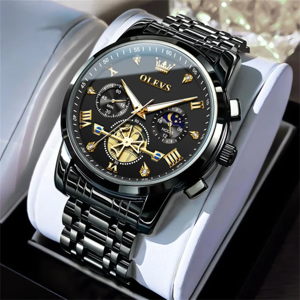 Men’s Luxury Quartz Watch – Classic Roman Dial, Flywheel & Moon Phase, Waterproof