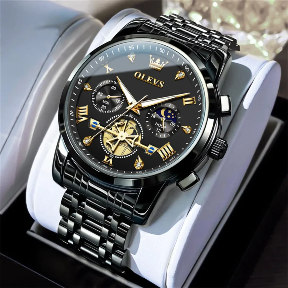 Men’s Luxury Quartz Watch – Classic Roman Dial, Flywheel & Moon Phase, Waterproof