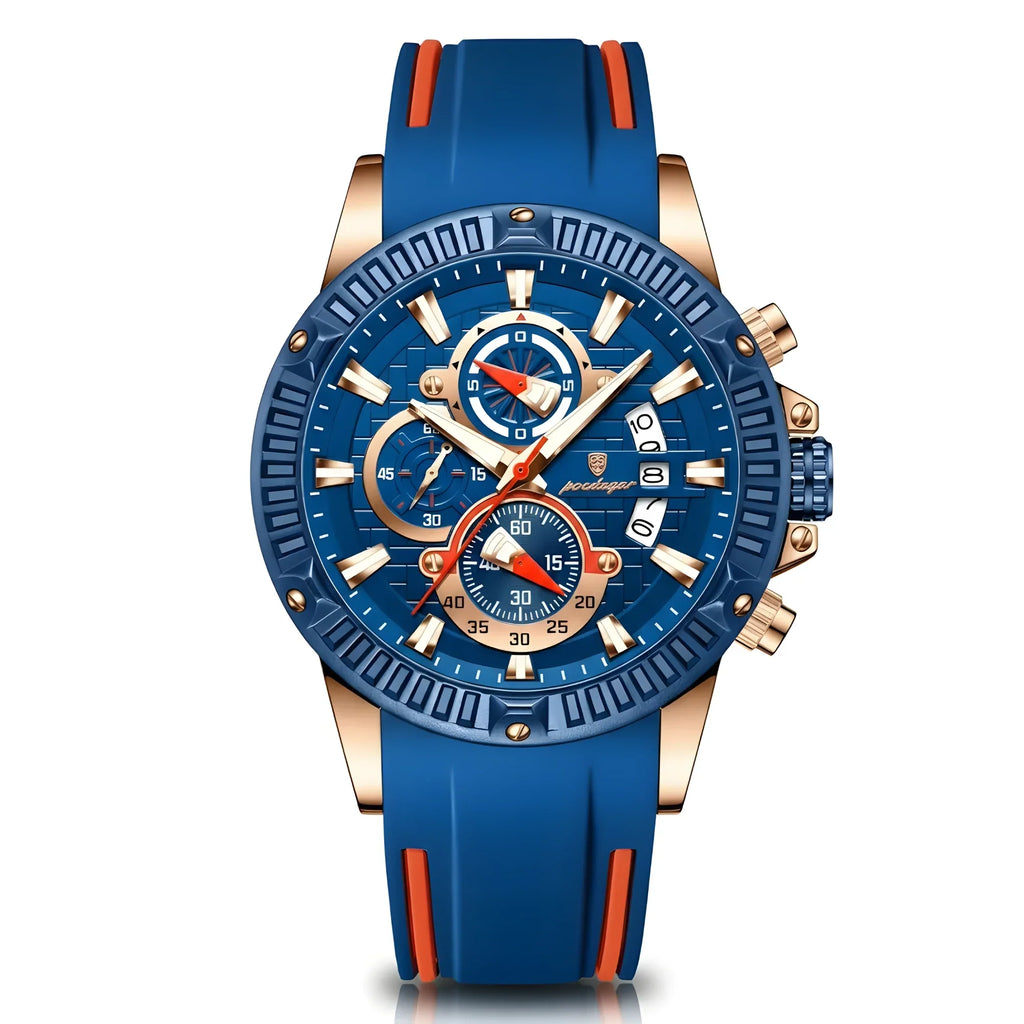 Men’s Sports Quartz Watch – Waterproof, Luminous, Chronograph, Date, Silicone Strap