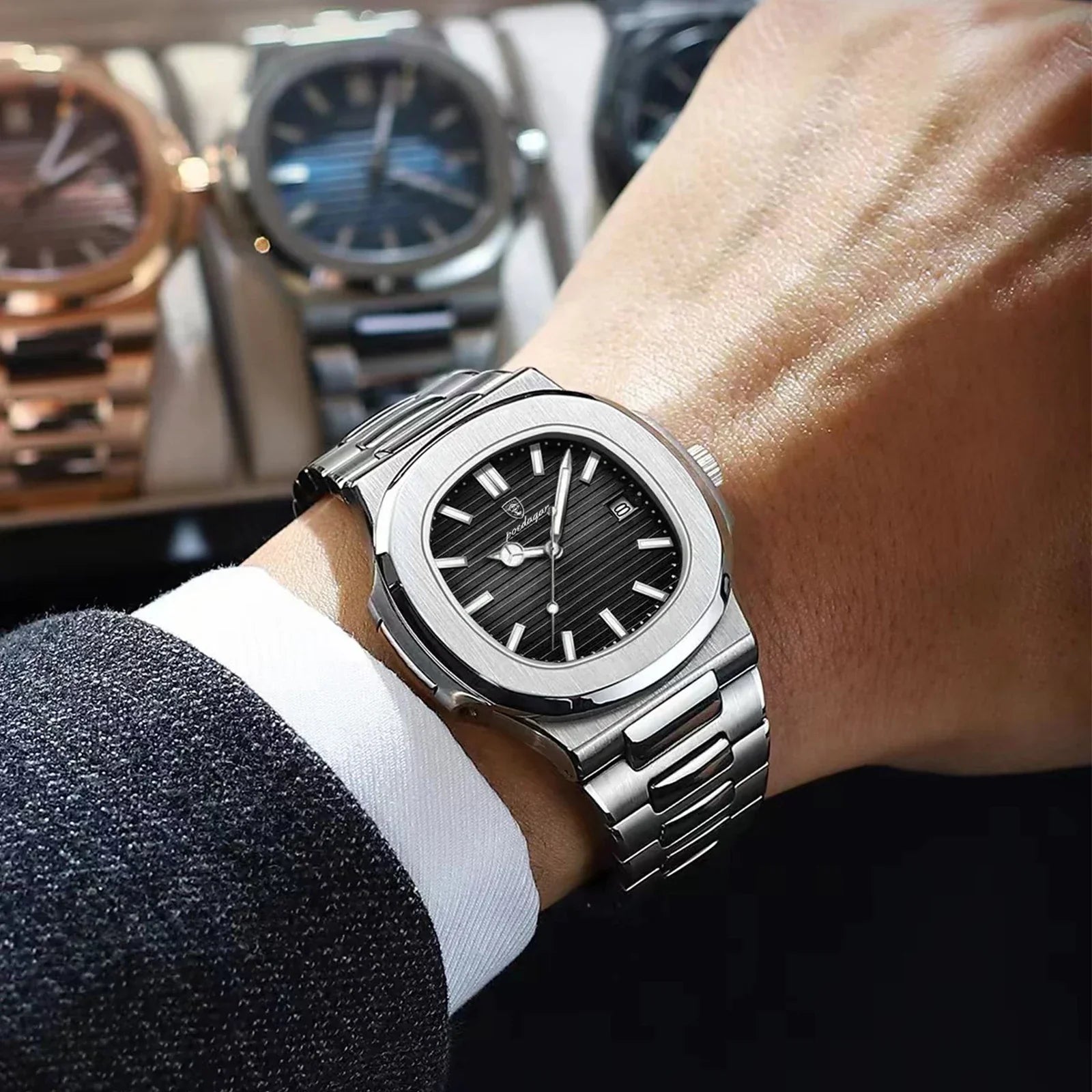 Men’s Luxury Sports Quartz Watch with Square Dial, Luminous Display, Date Function & Waterproof Design