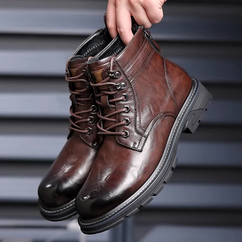 Men’s Mid-Top Leather Boots – Soft, Comfortable, Wear-Resistant, Casual and Work Shoes, Durable Sole