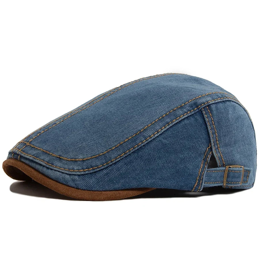Men’s Patchwork Denim Beret with Brown Brim – Retro Casual Vintage Style for Spring & Autumn
