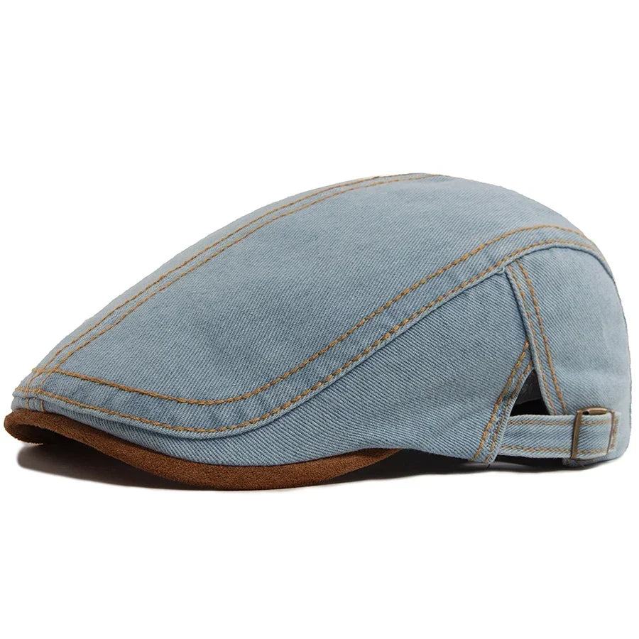 Men’s Patchwork Denim Beret with Brown Brim – Retro Casual Vintage Style for Spring & Autumn