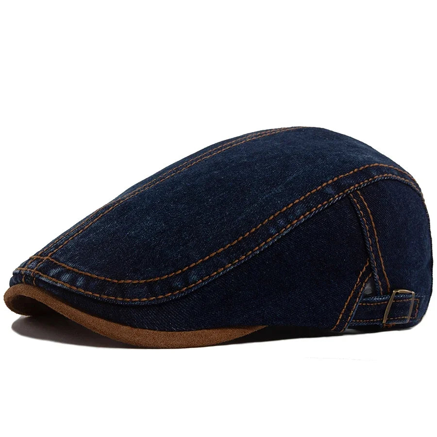 Men’s Patchwork Denim Beret with Brown Brim – Retro Casual Vintage Style for Spring & Autumn