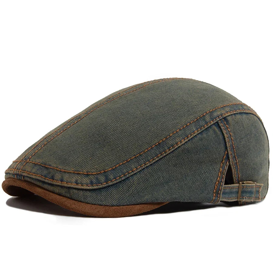 Men’s Patchwork Denim Beret with Brown Brim – Retro Casual Vintage Style for Spring & Autumn