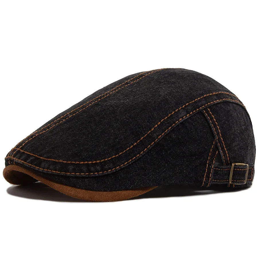 Men’s Patchwork Denim Beret with Brown Brim – Retro Casual Vintage Style for Spring & Autumn
