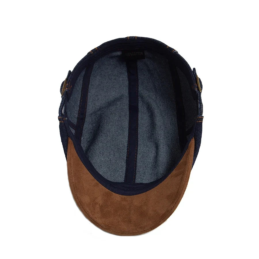 Men’s Patchwork Denim Beret with Brown Brim – Retro Casual Vintage Style for Spring & Autumn