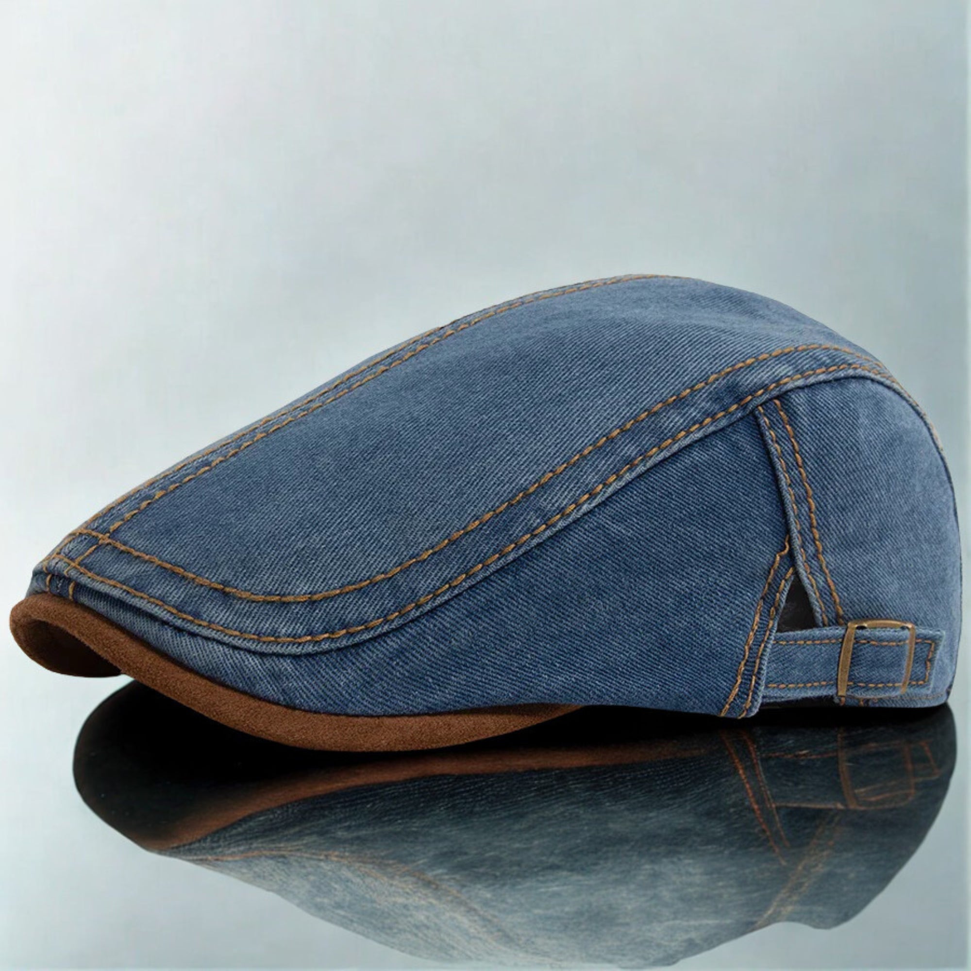 Men’s Patchwork Denim Beret with Brown Brim – Retro Casual Vintage Style for Spring & Autumn