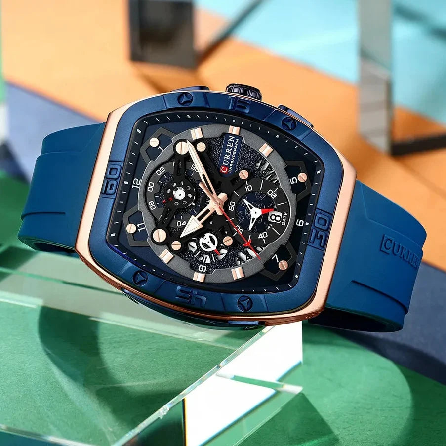 Men’s Luxury Quartz Watch – Business Style with Blue Silicone Band, Luminous Hands and Waterproof Design