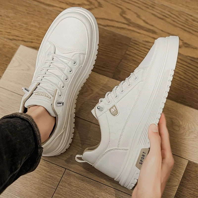 Men’s Sneakers Board Shoes – Soft Leather, Thick Sole, Anti-Slip, Versatile, Spring/Autumn