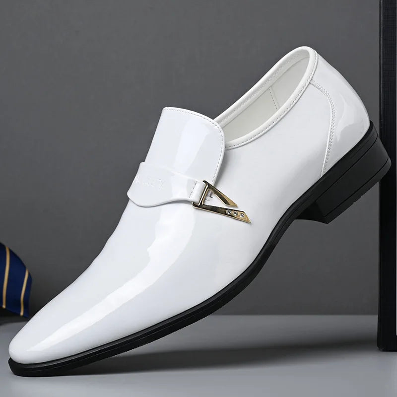 White Patent Leather Classics for Men – Business Dress Shoes, Slip-On Party Footwear with Pointed Toe