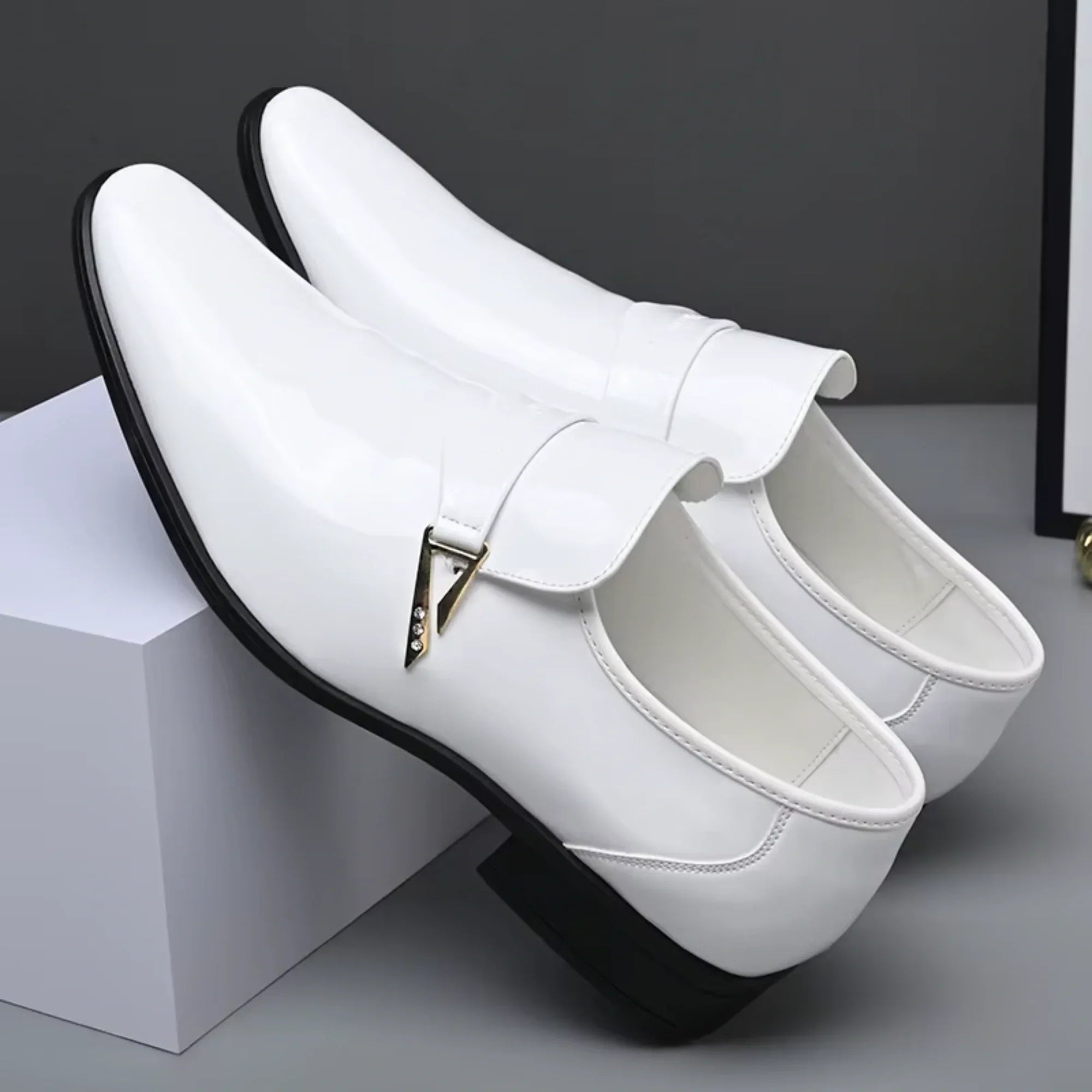 White Patent Leather Classics for Men – Business Dress Shoes, Slip-On Party Footwear with Pointed Toe
