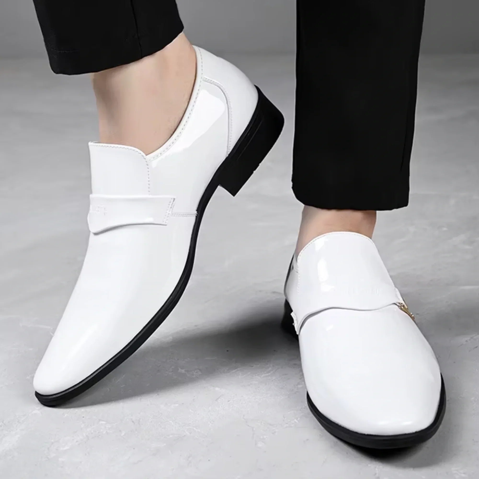 White Patent Leather Classics for Men – Business Dress Shoes, Slip-On Party Footwear with Pointed Toe