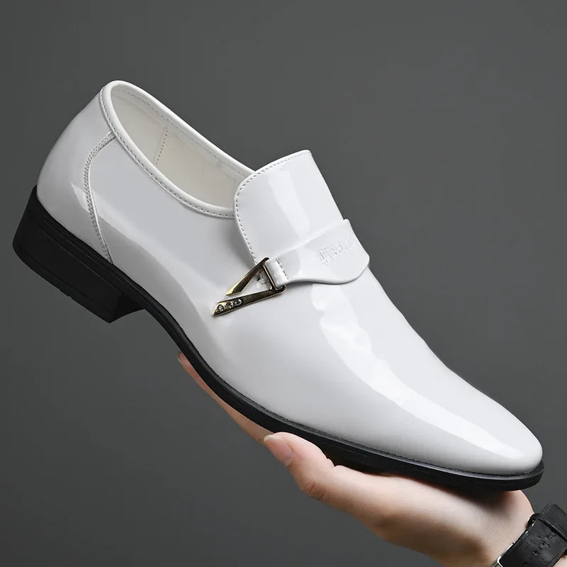 White Patent Leather Classics for Men – Business Dress Shoes, Slip-On Party Footwear with Pointed Toe