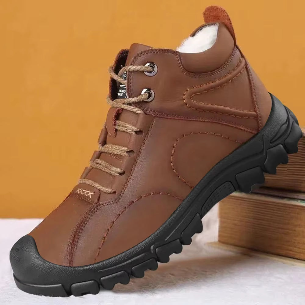 Men’s Winter Snow Boots – Waterproof Lace-Up Leather Ankle Work Boots, Non-Slip Cotton-Lined Footwear