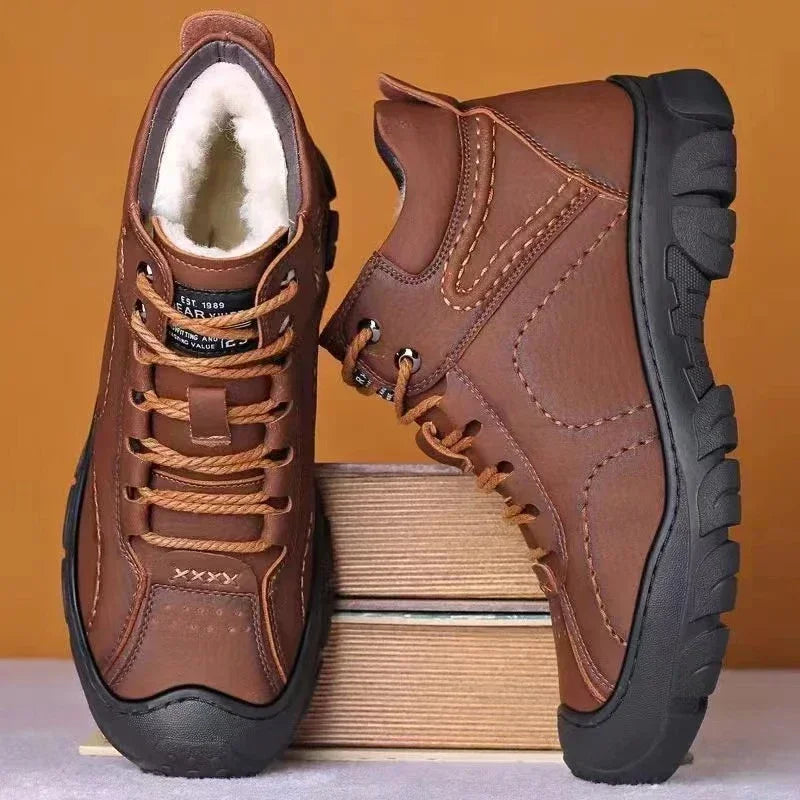 Men’s Winter Snow Boots – Waterproof Lace-Up Leather Ankle Work Boots, Non-Slip Cotton-Lined Footwear