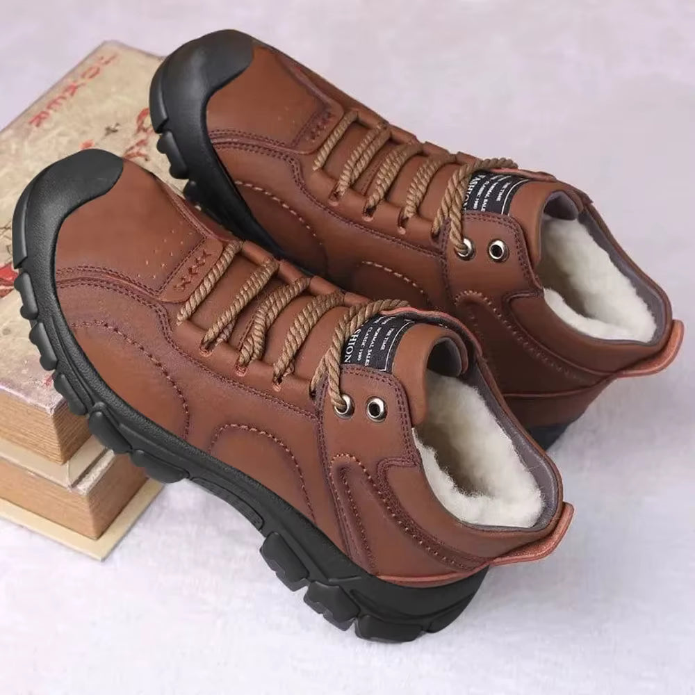Men’s Winter Snow Boots – Waterproof Lace-Up Leather Ankle Work Boots, Non-Slip Cotton-Lined Footwear