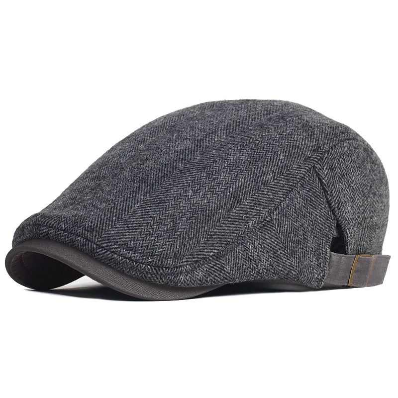 Men’s Winter Beret – Thick Wool Vintage Herringbone Gatsby Style, Adjustable Fit