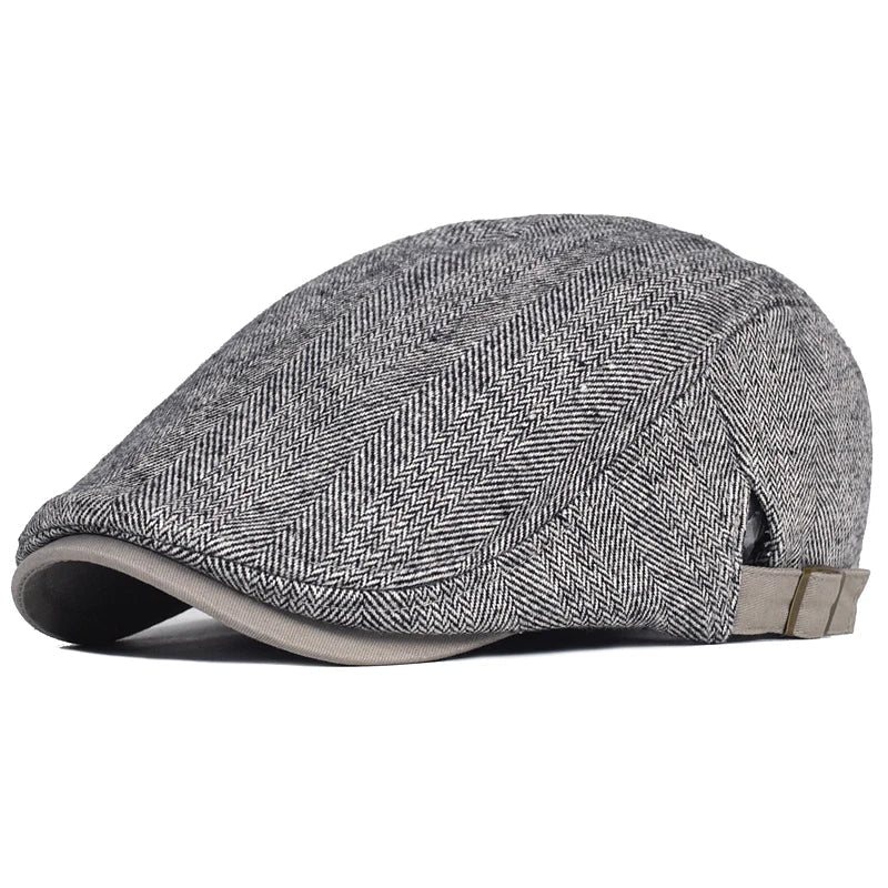 Men’s Winter Beret – Thick Wool Vintage Herringbone Gatsby Style, Adjustable Fit