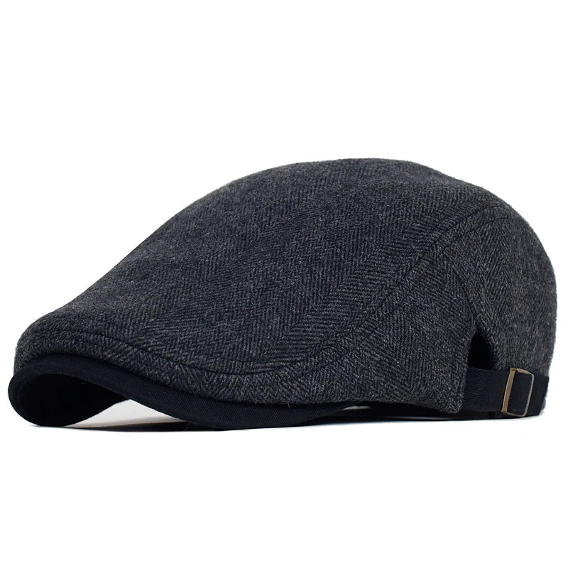 Men’s Winter Beret – Thick Wool Vintage Herringbone Gatsby Style, Adjustable Fit