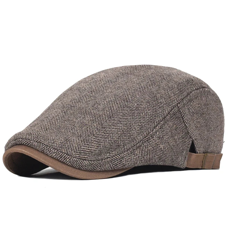 Men’s Winter Beret – Thick Wool Vintage Herringbone Gatsby Style, Adjustable Fit