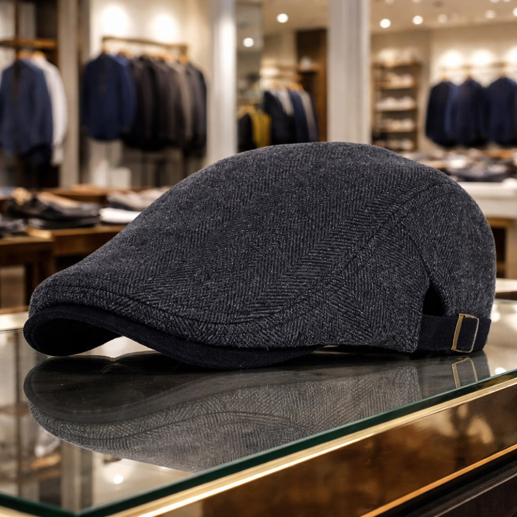Men’s Winter Beret – Thick Wool Vintage Herringbone Gatsby Style, Adjustable Fit